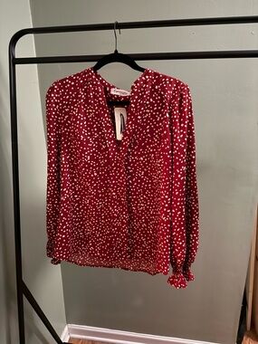 Impressions Red Polka Dot V-Neck Long Sleeve Blouse L brand new non-smoking home